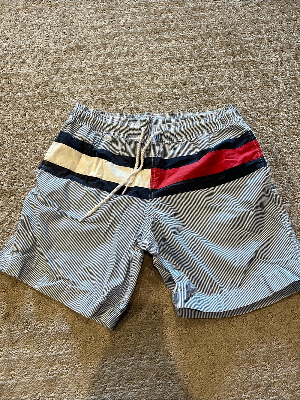 Tommy Hilfiger Blue Pinstripe Swim Trunks with Red, White & Navy Bands